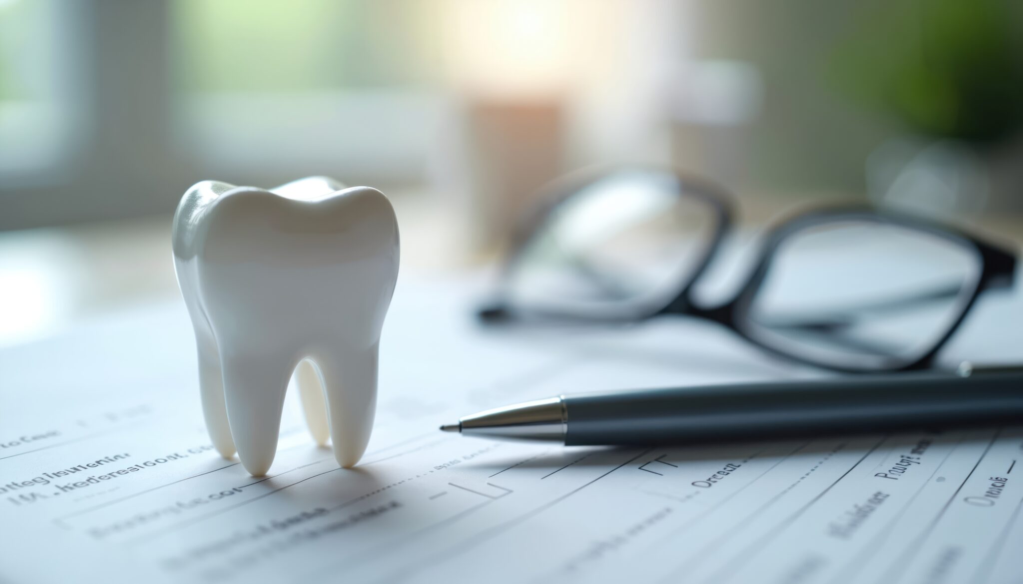 Close up of dental insurance claim form with pen, tooth model. Healthcare coverage concept. Financial planning for dental treatment, oral hygiene, teeth protection. Consultation, support service